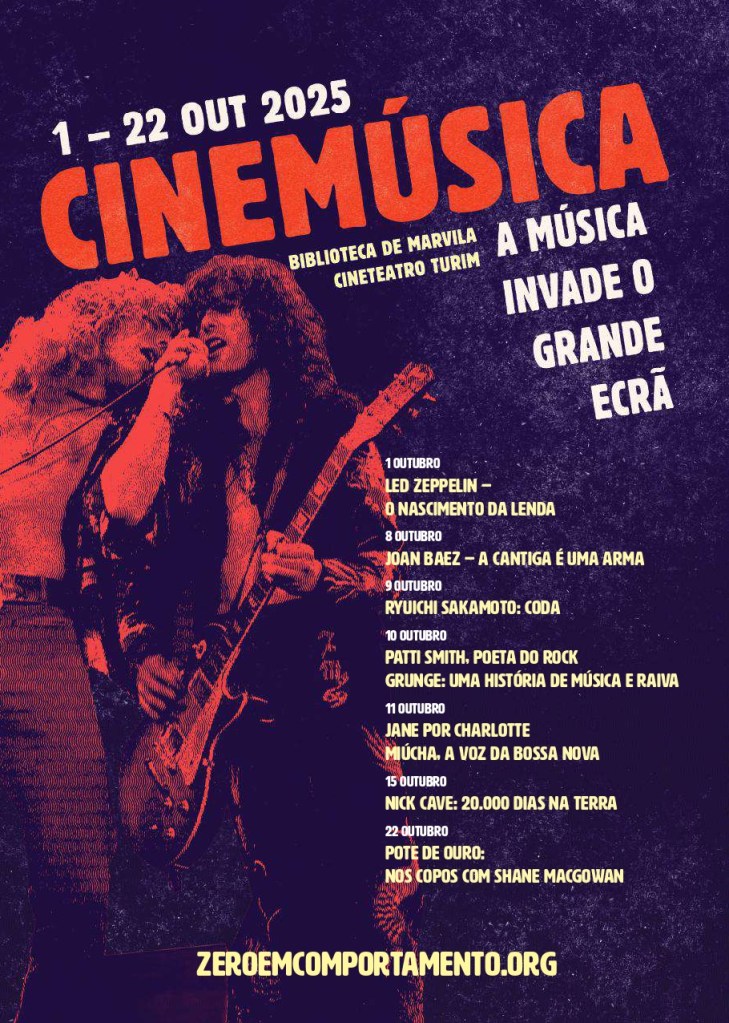 Frente do folheto do ciclo CineMúsica – A Música Invade o Grande Ecrã, de 1 a 22 de outubro de 2025