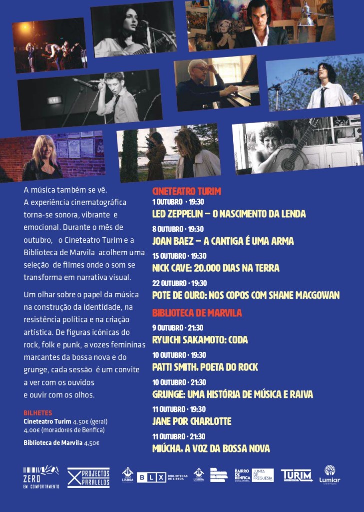 Verso do folheto do CineMúsica, com a programação do Cineteatro Turim e da Biblioteca de Marvila